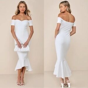 Lulu's White Off-the-Shoulder Midi Mermaid Dress